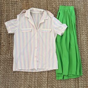 Vintage johardin pleated green skirt Striped button down Blouse Shirt bundle